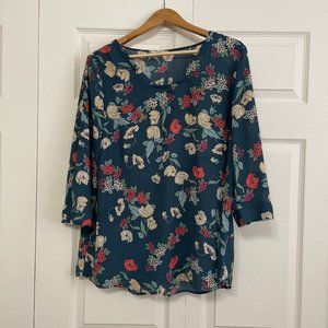 Floral Blouse - Bluish Teal w/ Pink Flowers